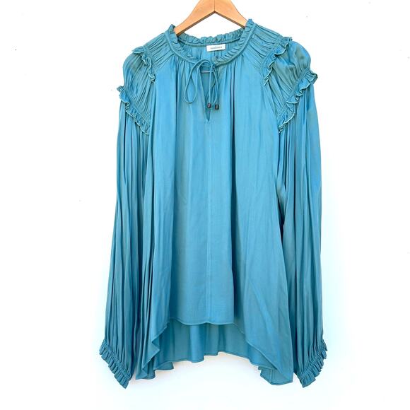 Sundance Pleated Peasant Blouse Ruffle Shoulder Silk Teal Blue Large Top - Picture 2 of 7